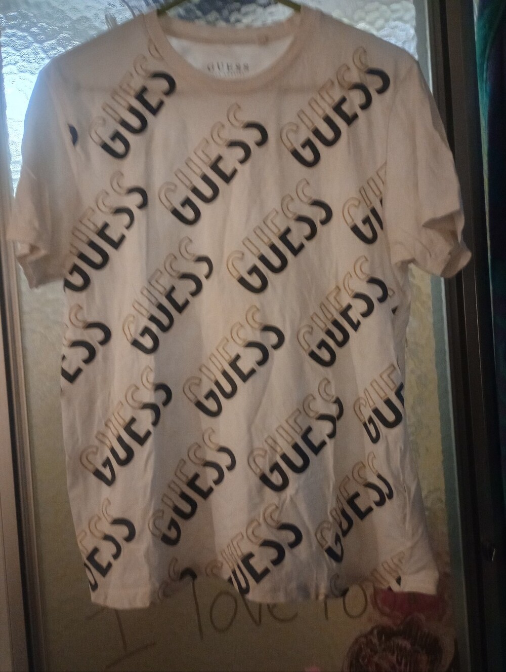 Guess Men's Short Sleeve Logo Tee - Beige with Black Print